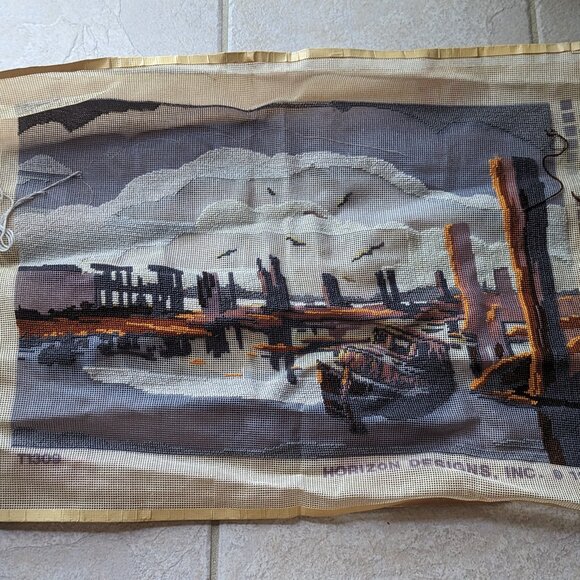 Crewel Needlepoint Vintage Horizon Designs Boat Harbor Canvas Started 1979 - Picture 1 of 9